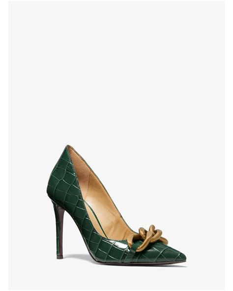 Scarlett Chain Link Crocodile Embossed Leather Pump In Green